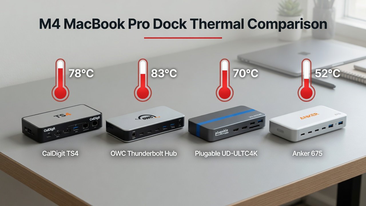 Best M4 MacBook Pro Docks for Dual 4K in 2026: No Overheating 3 M4 MacBook Pro dock thermal comparison chart showing temperature peaks for CalDigit TS4, OWC, Plugable, Anker 675