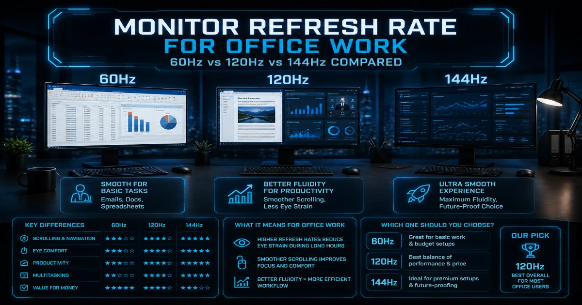 Monitor Refresh Rate for Office Work: 60Hz vs 120Hz vs 144Hz Compared