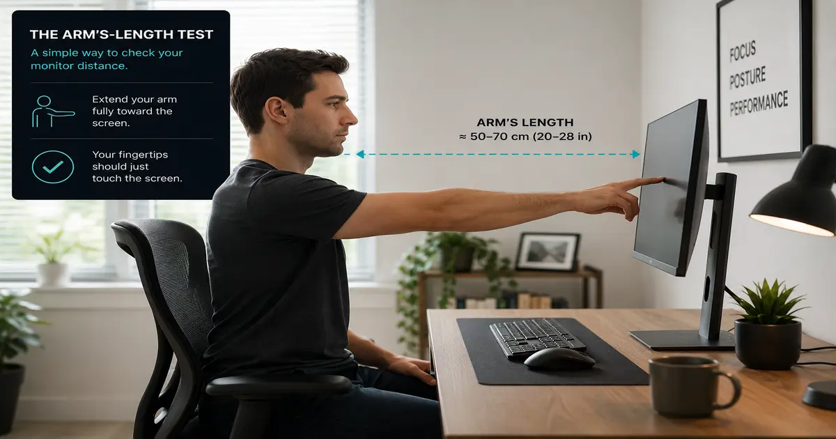 Person seated at desk performing the arm length test, one arm extended toward monitor with fingertips touching the screen.