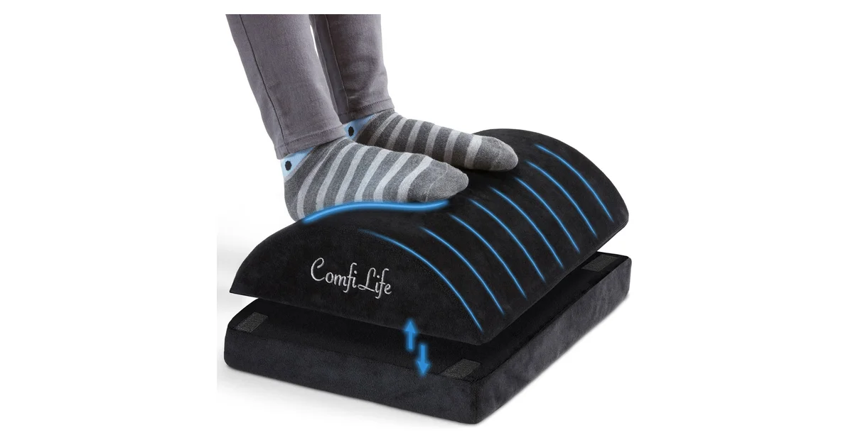 ComfiLife adjustable memory foam footrest with two height positions and machine-washable velour cover