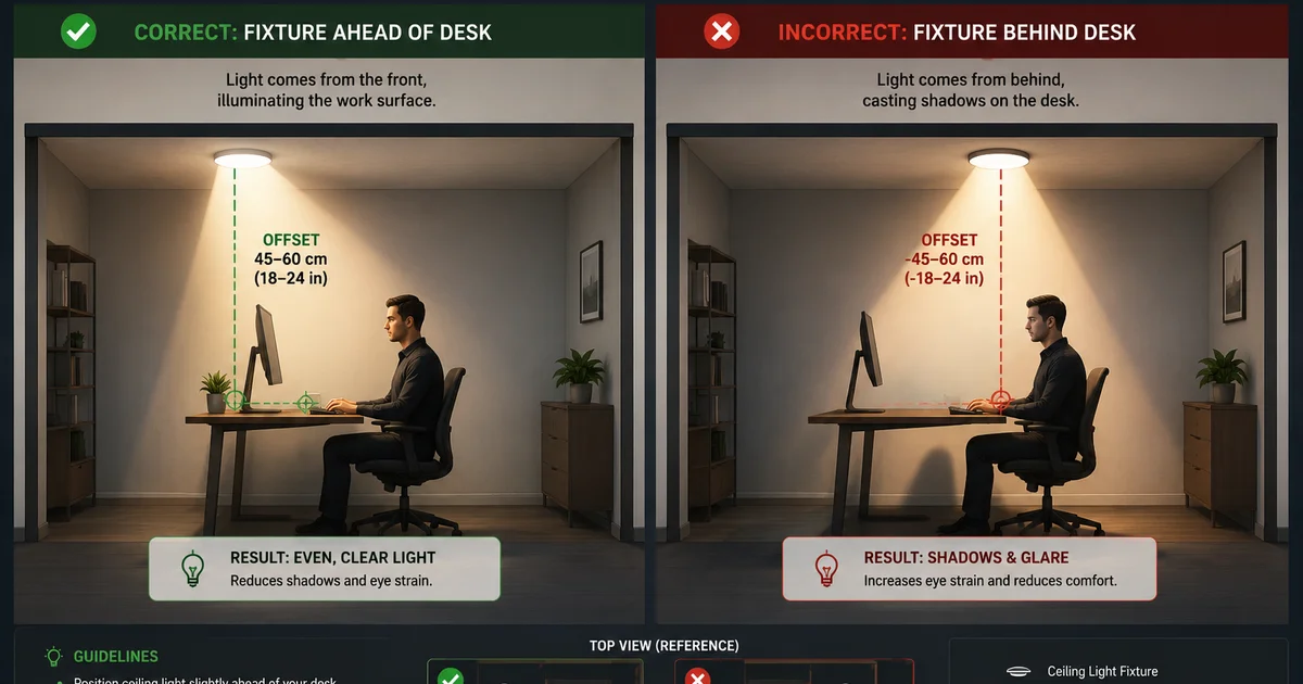 Good versus bad ceiling light placement relative to the desk