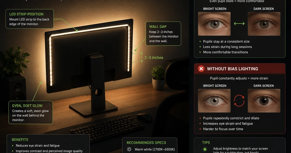 Bias lighting LED strip placement two to three inches behind the monitor