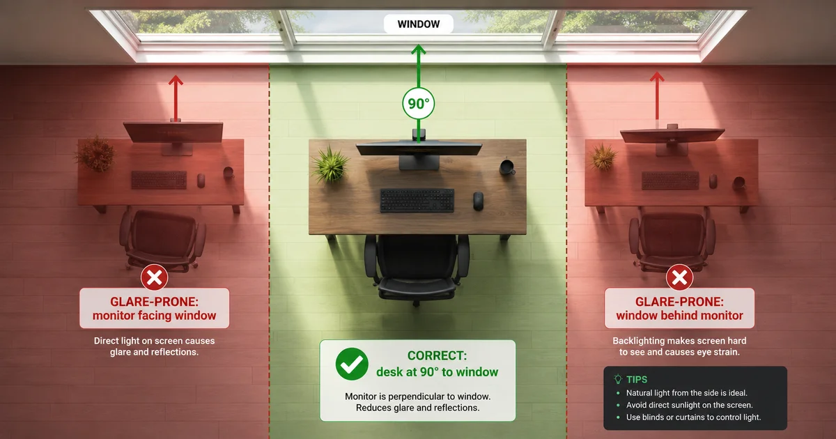 Desk positioned at 90 degrees to the window with the glare zone marked