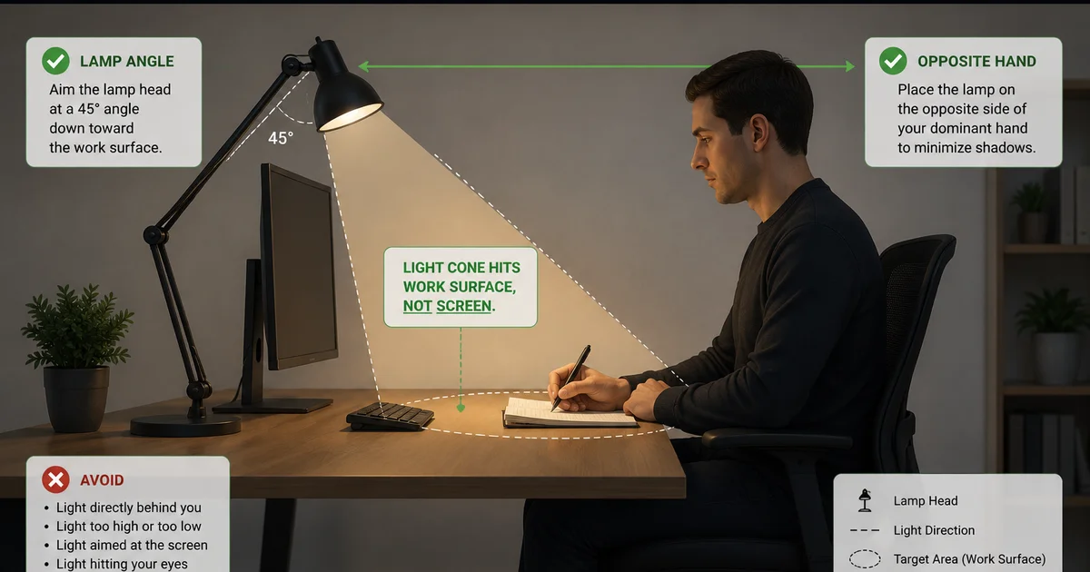 Task lamp arm positioning with the light beam hitting the desk surface, not the screen