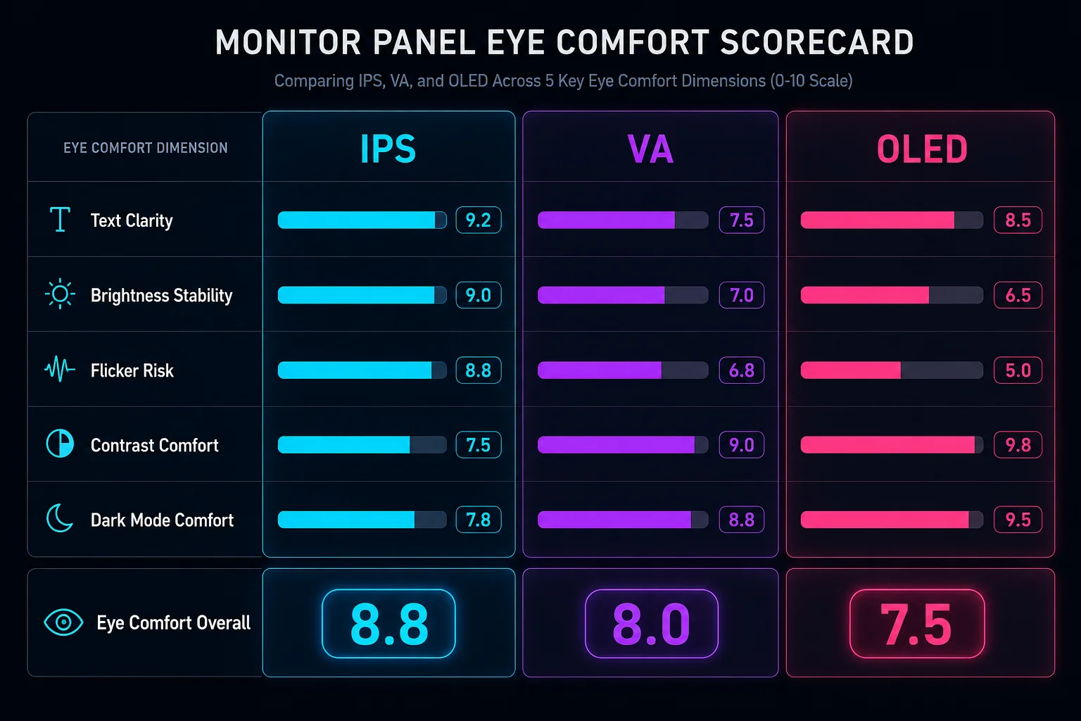 IPS vs VA vs OLED for work - eye comfort scorecard comparing text clarity, brightness stability, flicker risk, contrast, and dark mode scores