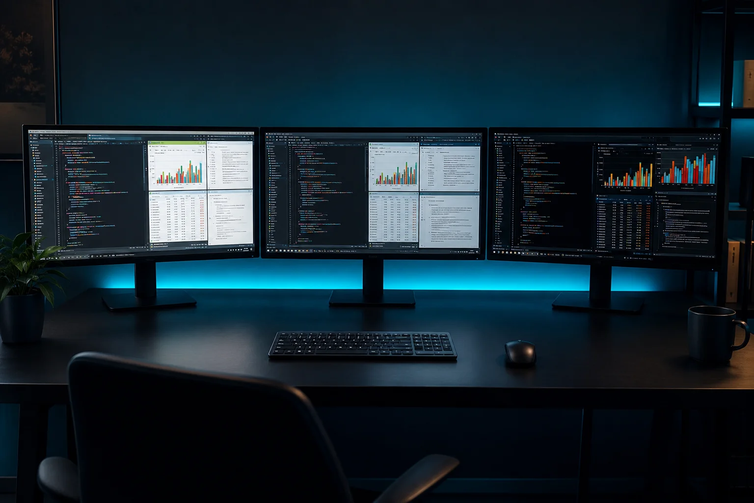 IPS vs VA vs OLED for work - home office desk setup with three monitors comparing panel types for eye comfort