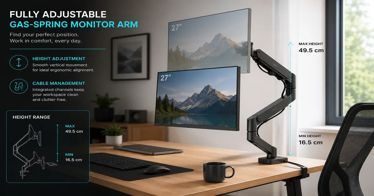 Modern gas-spring monitor arm attached to desk holding a 27-inch display, showing the height adjustability range and clean cable management.