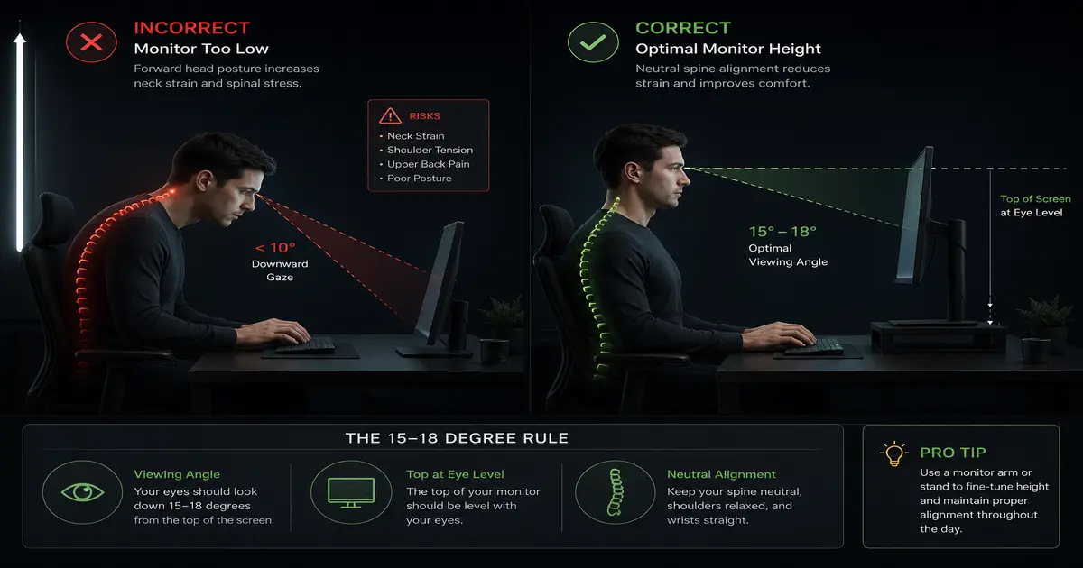 Side-by-side comparison showing incorrect monitor height with forward head posture versus correct monitor height with neutral spine alignment.