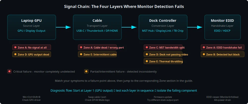 Four-layer signal chain diagram: Laptop GPU to Cable to Dock Controller to Monitor EDID, with failure points at each layer mapped to diagnostic zones A through E