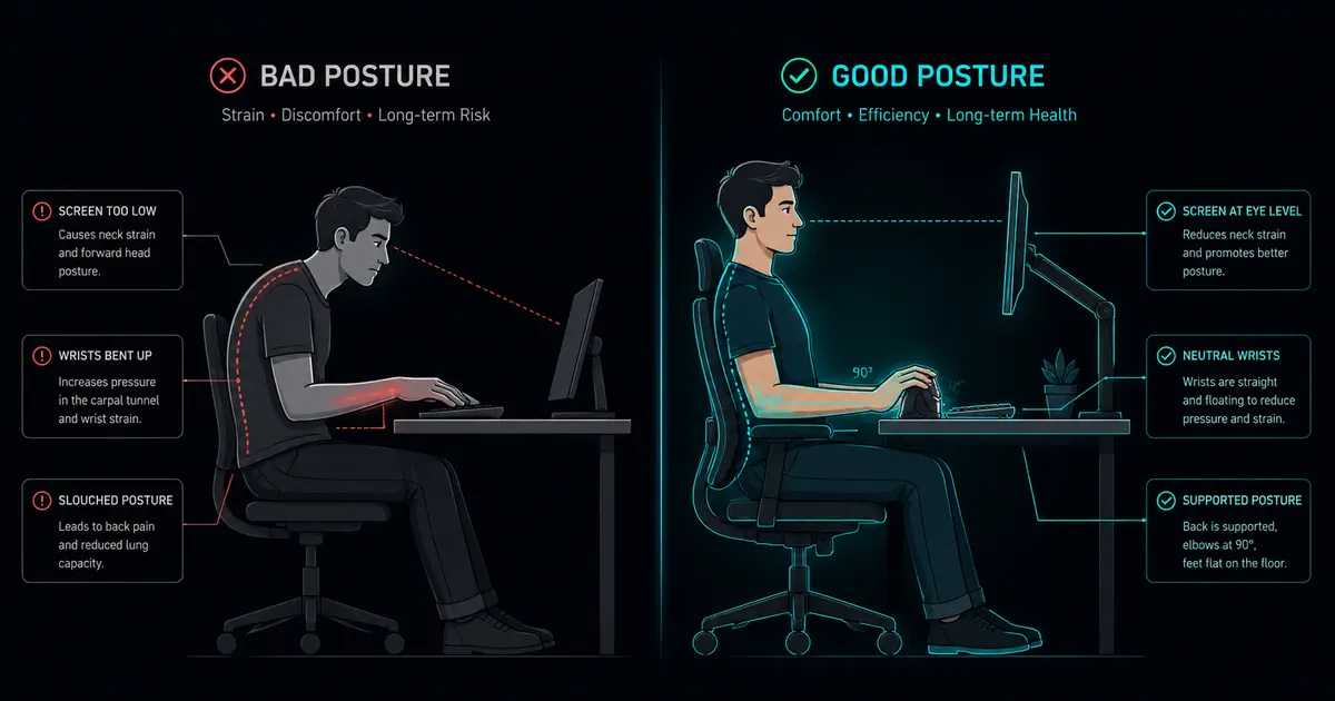 Split comparison showing bad desk posture with bent wrists on left and proper neutral wrist alignment on right