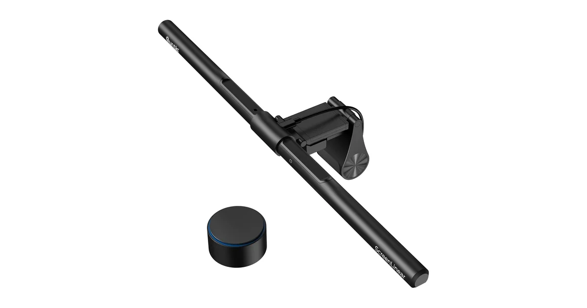 Quntis ScreenLinear PRO+ monitor light bar with wireless Smart Dial remote and auto-dimming sensor