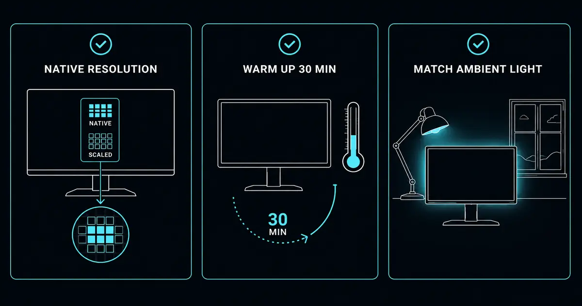 Three monitor calibration setup steps: native resolution, warm-up time, and matching ambient light