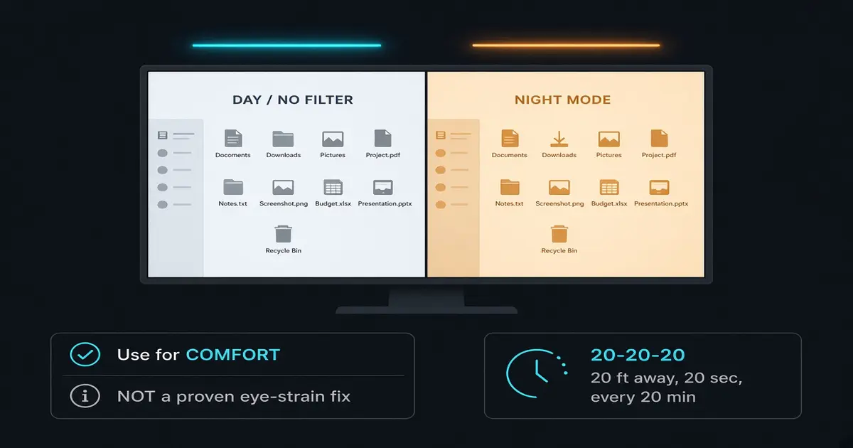 Night mode shifts the white point warmer for comfort, not as a proven eye-strain fix