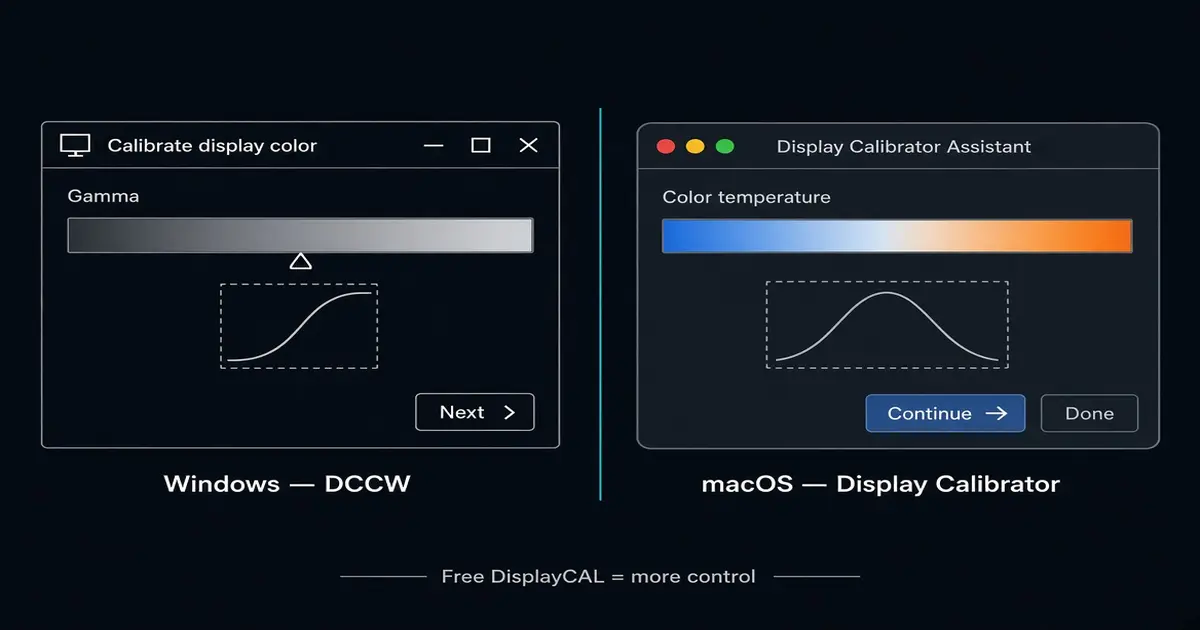 Windows and macOS built-in monitor calibration wizards side by side