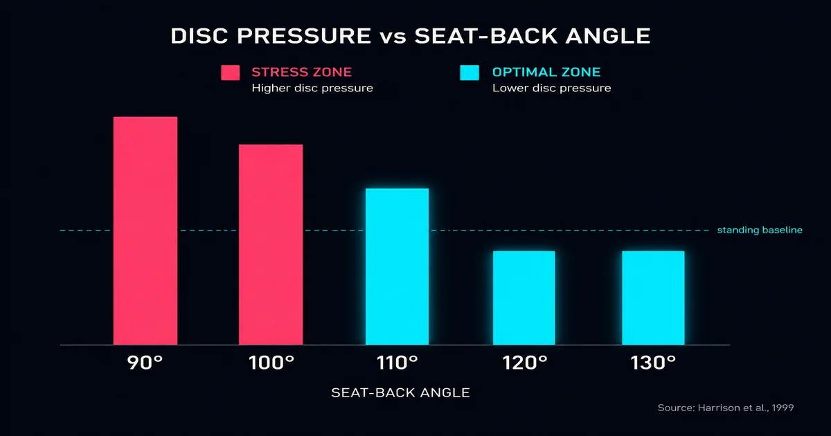 Intradiscal pressure by seat-back angle chart showing lowest pressure between 110 and 130 degrees