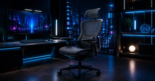 Ergonomic office chair with correct seated posture and lumbar support illustration