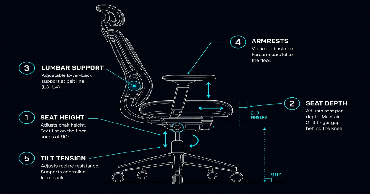 Five-step ergonomic chair setup diagram covering seat height, seat depth, lumbar support, armrests and tilt