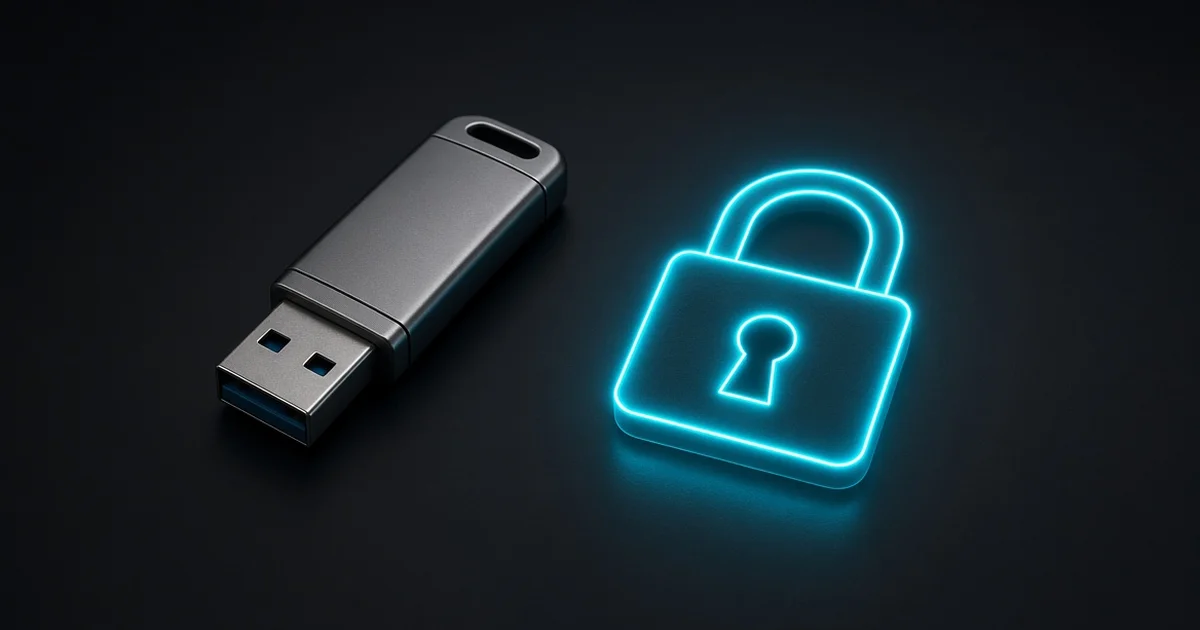 USB flash drive next to a glowing cyan padlock representing encryption