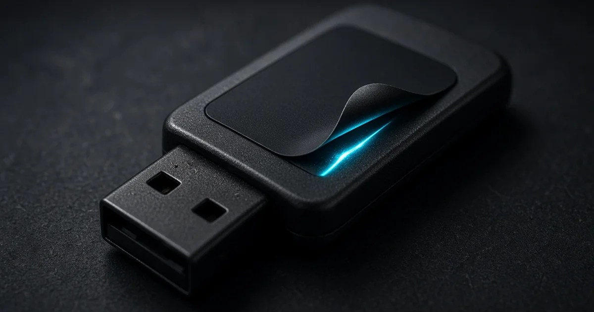 USB drive with a peeled label revealing a much smaller storage chip inside