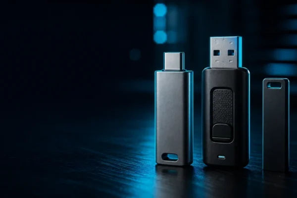 USB flash drives standing on a dark desk lit by a cyan neon glow