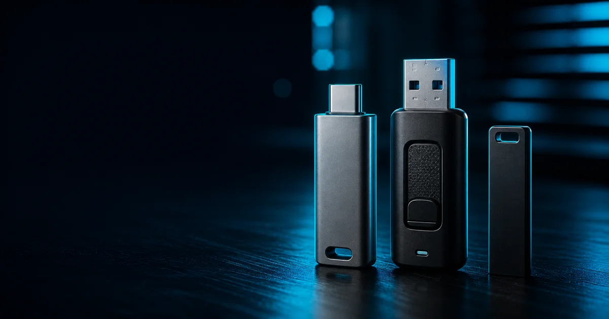 USB flash drives standing on a dark desk lit by a cyan neon glow