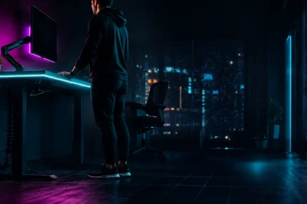 Person shifting weight and doing a calf raise at a standing desk in a dark home office with cyan LED lighting, showing why movement matters more than posture.