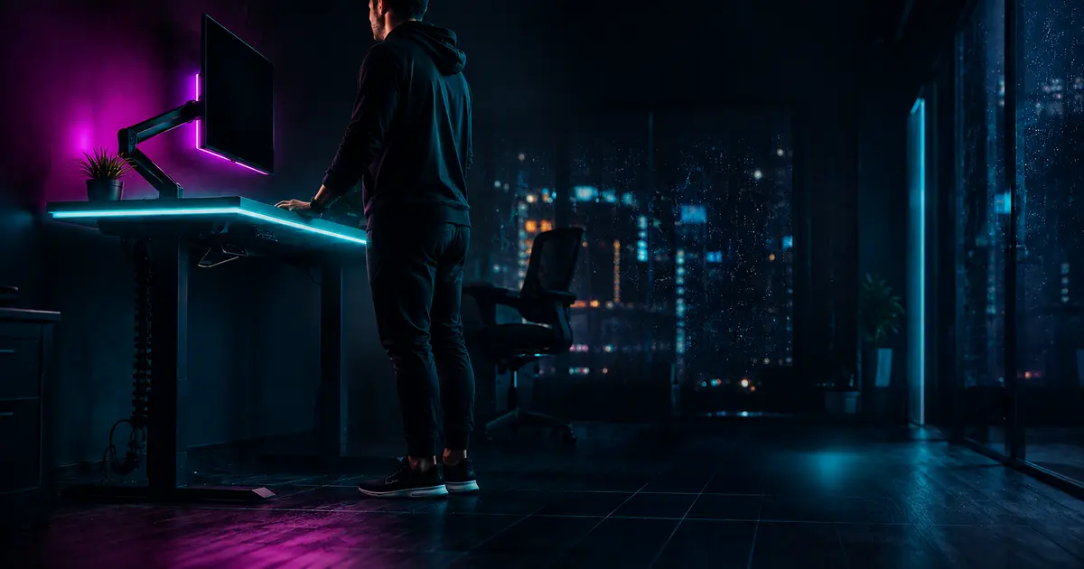 Person shifting weight and doing a calf raise at a standing desk in a dark home office with cyan LED lighting, showing why movement matters more than posture.