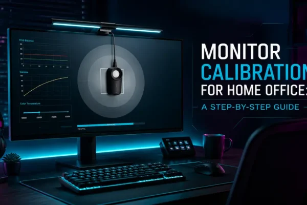 Calibrated home office monitor showing accurate color on a dark desk setup
