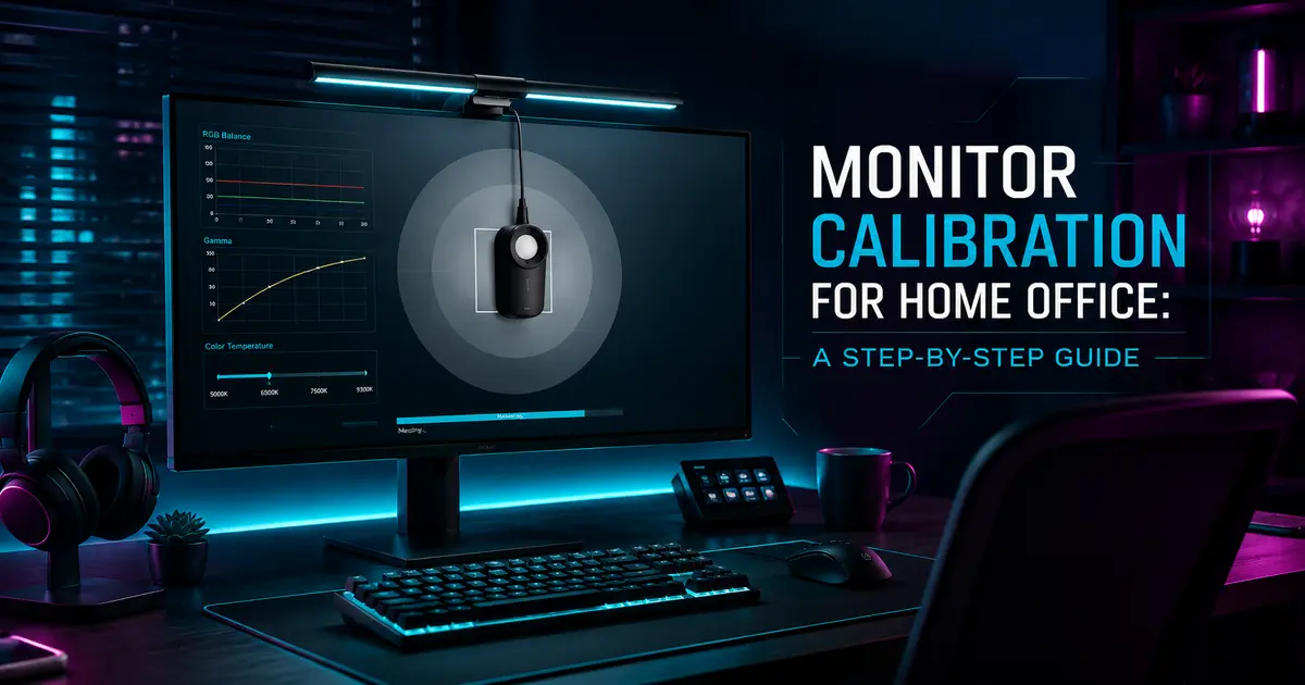 Calibrated home office monitor showing accurate color on a dark desk setup