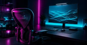 Complete home office setup with ergonomic desk and monitor arrangement