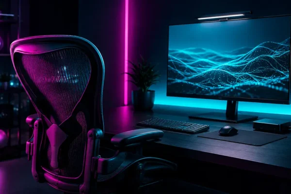 Complete home office setup with ergonomic desk and monitor arrangement