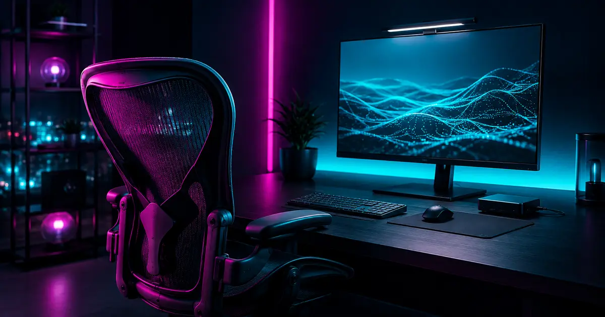 Complete home office setup with ergonomic desk and monitor arrangement