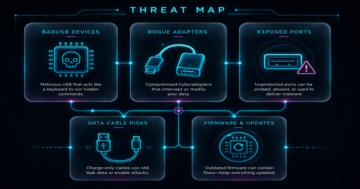 Five-panel threat map of USB accessory risk types in a neon cyan grid.
