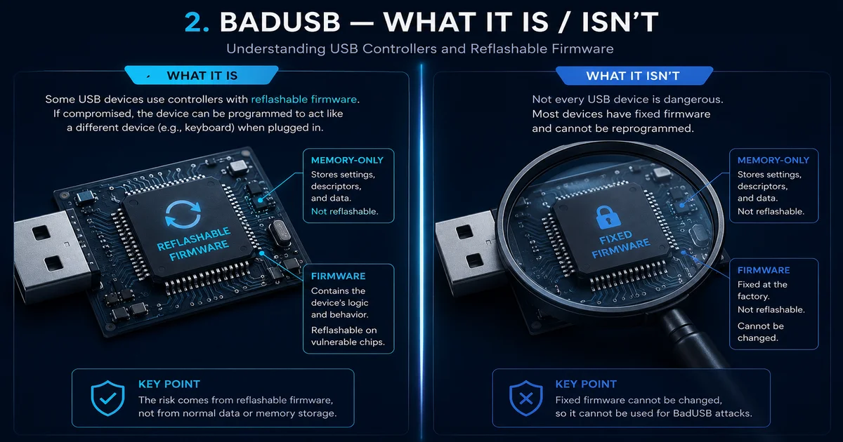Infographic comparing USB memory-only attacks with firmware-reflashing BadUSB attacks.