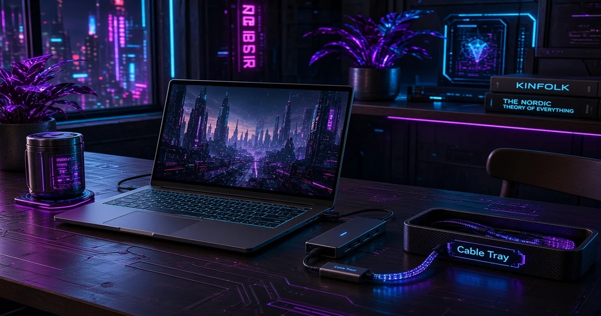 Home office desk with a laptop, a USB hub and an inline USB data blocker in place.