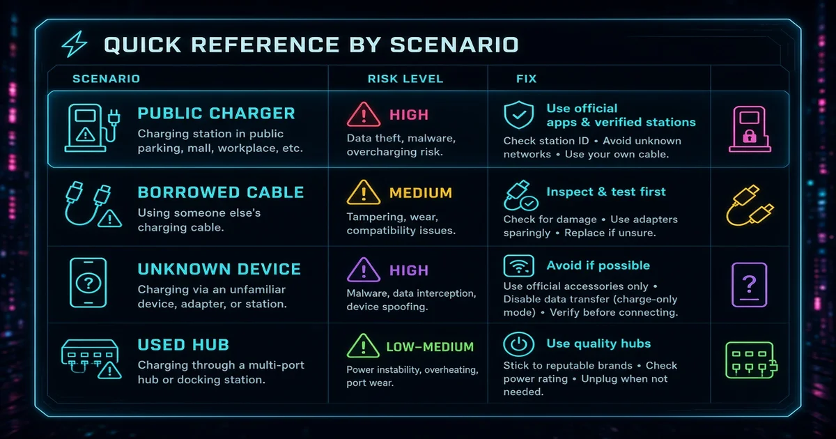 Quick-reference table of USB risk levels and fixes by scenario, in neon cyan.