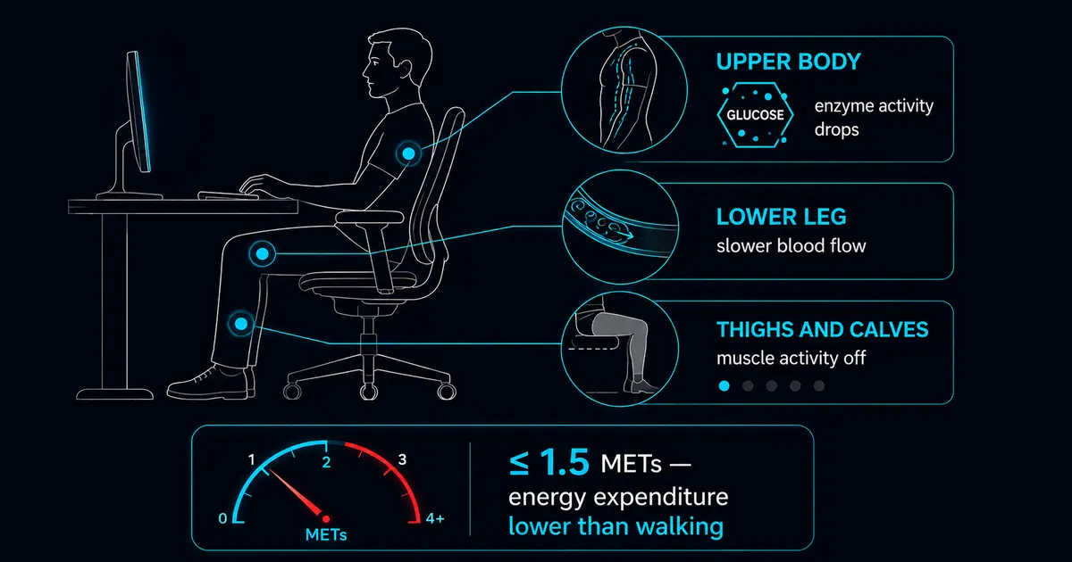 Infographic showing how seated posture lowers leg muscle activity, blood flow, and glucose-clearing enzyme activity below 1.5 METs.