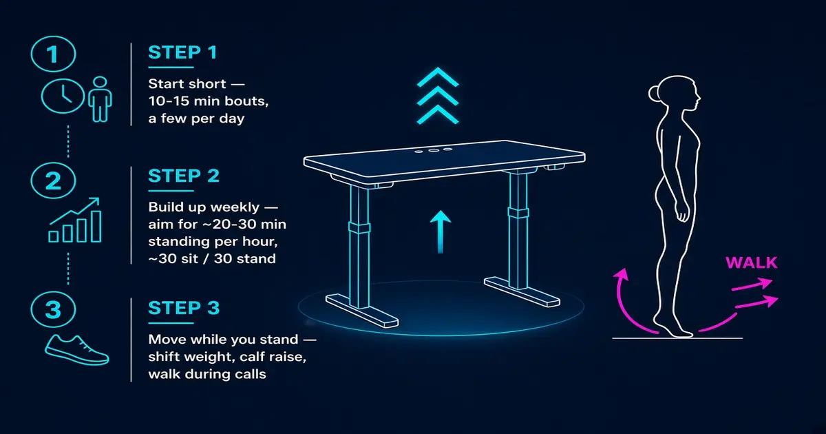 Infographic of a sit-stand desk ramp-up plan with 10-15 minute bouts, a 30-30 sit-stand split, and movement cues like calf raises while standing.