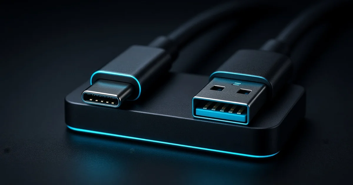 Close-up of a USB-C connector and a USB-A connector plugged into a hub
