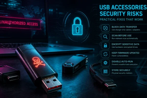 USB accessories security risks: BadUSB keyboard injection, rogue adapters and public charging exposure, with practical fixes that stop them.