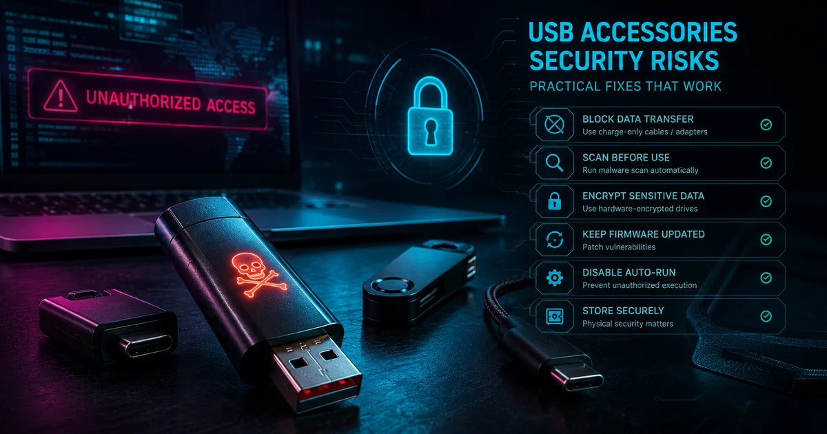 USB accessories security risks: BadUSB keyboard injection, rogue adapters and public charging exposure, with practical fixes that stop them.