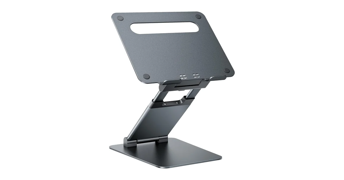 Nulaxy pull-out height adjustable laptop stand with vented aluminum panel and foldable articulated arm, 1.2 to 21 inch range
