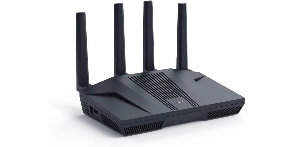 GL.iNet Flint 2 (GL-MT6000) Wi-Fi 6 router and firewall on a white background