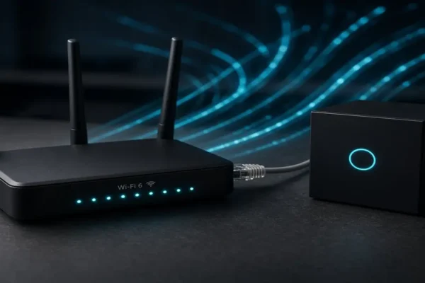 Home firewall guide 2026: a Wi-Fi 6 router and a dedicated firewall box on a dark desk, with encrypted traffic leaving the network