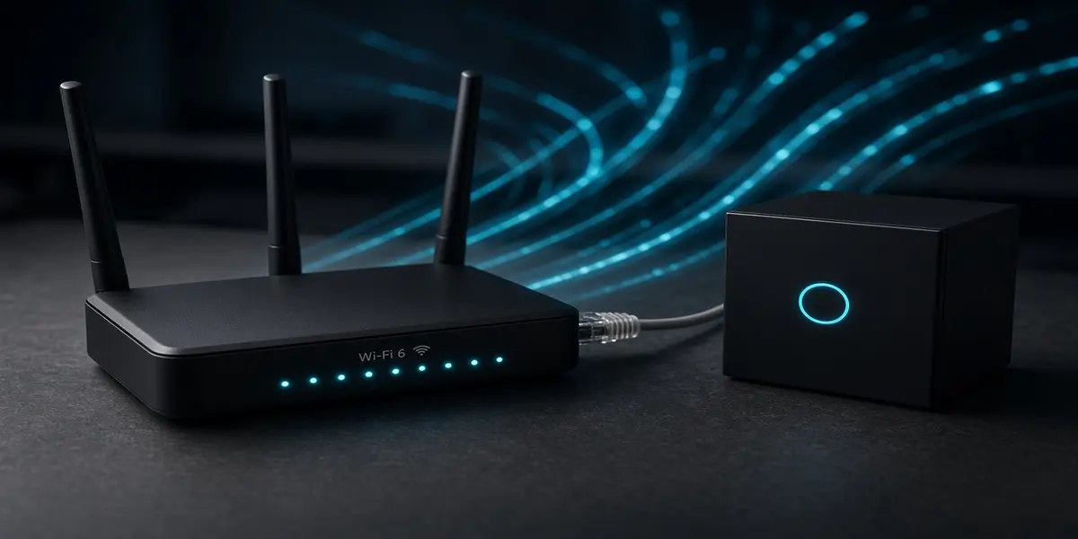 Home firewall guide 2026: a Wi-Fi 6 router and a dedicated firewall box on a dark desk, with encrypted traffic leaving the network