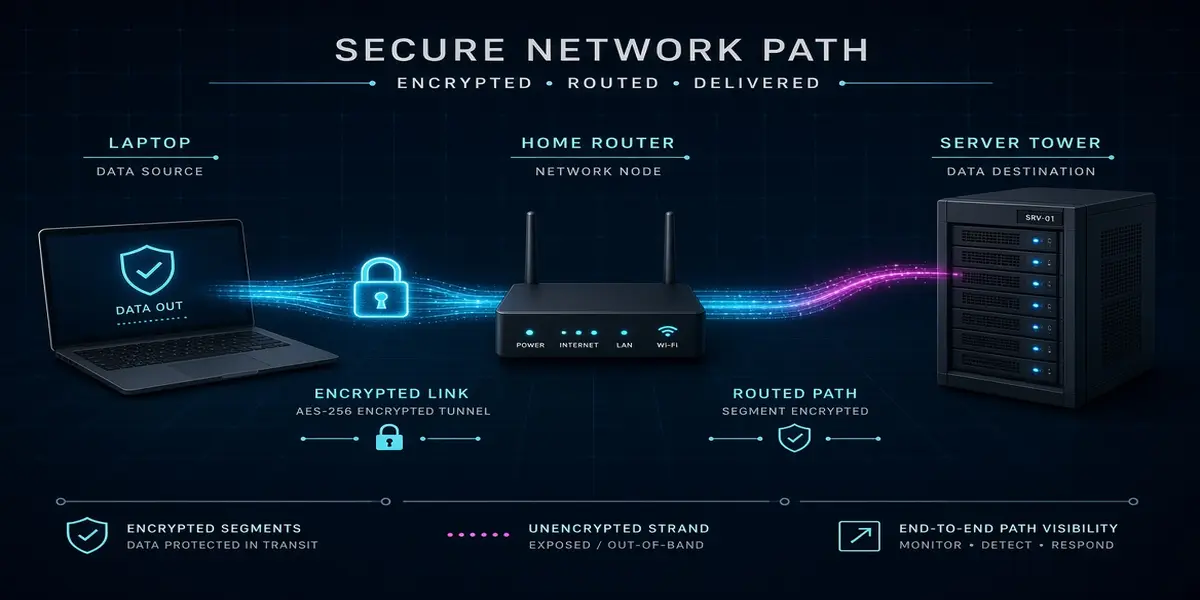Diagram of what an ISP can see: encrypted page contents, visible domain names, and a plaintext DNS leak