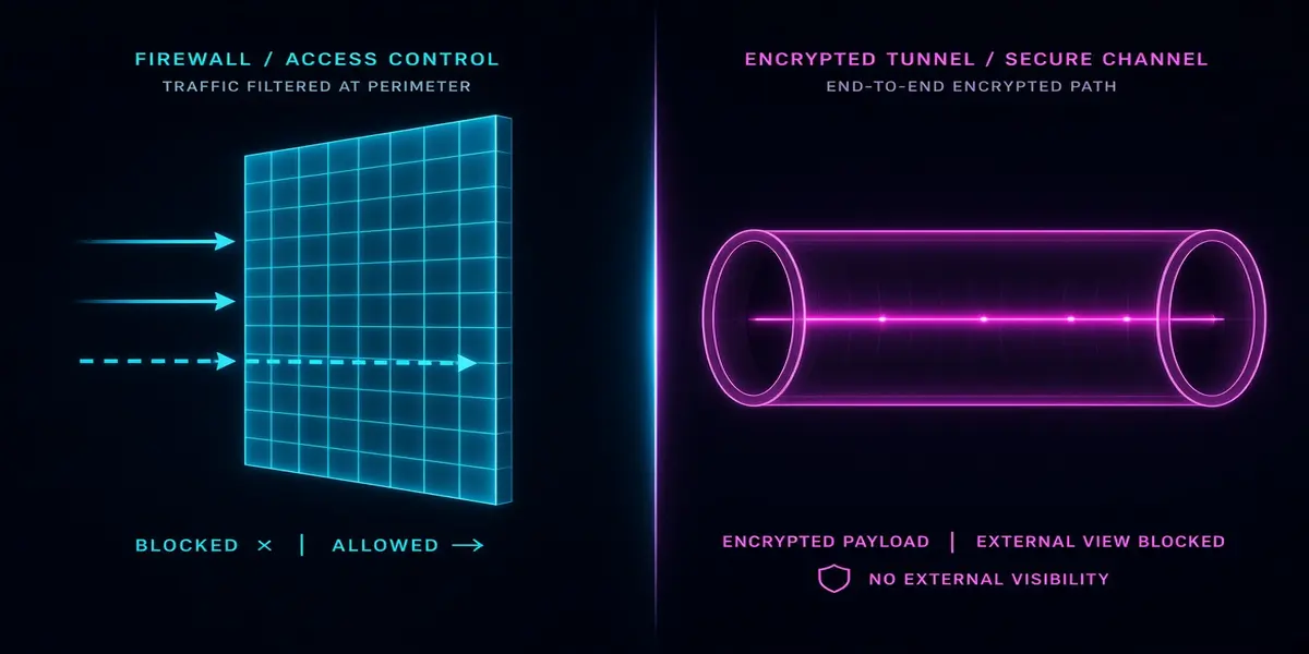 A firewall controlling what leaves a network compared with a VPN hiding where the traffic goes